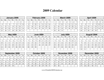 2009 Calendar on one page (horizontal grid) Calendar