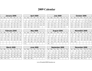 2009 Calendar on one page (descending, horizontal grid) Calendar