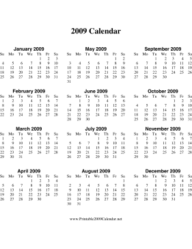 2009 Calendar on one page (descending, vertical) Calendar