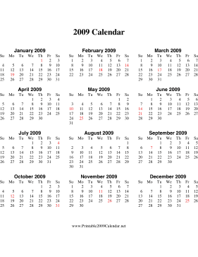 Calendar 2009 on 2009 Calendar On One Page  Vertical  Holidays In Red  Calendar