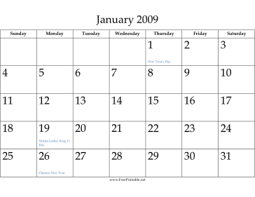 January 2009 Calendar Calendar
