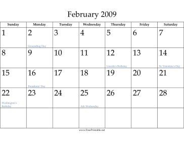 February 2009 Calendar Calendar