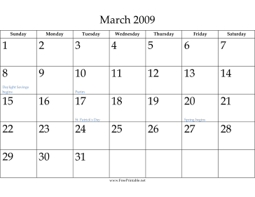 March 2009 Calendar Calendar
