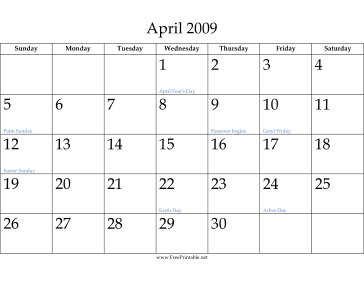 April 2009 Calendar Calendar