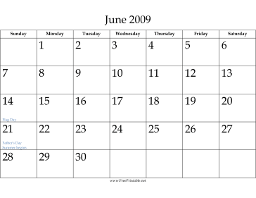 June 2009 Calendar Calendar