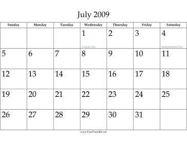 July 2009 Calendar Calendar