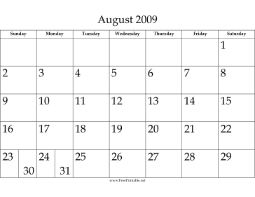 August 2009 Calendar Calendar