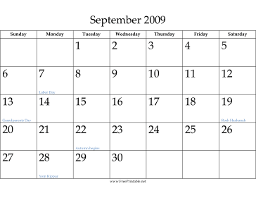 September 2009 Calendar Calendar