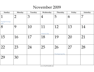 November 2009 Calendar Calendar