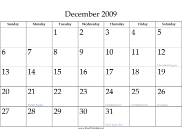 December 2009 Calendar Calendar
