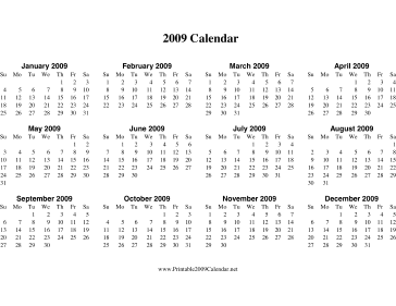 2009 Calendar on one page (horizontal) Calendar