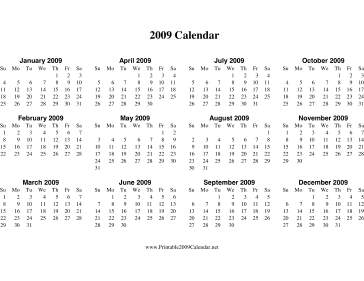 2009 Calendar on one page (descending, horizontal) Calendar