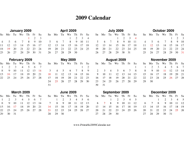 2009 Calendar on one page (descending, horizontal, holidays in red) Calendar