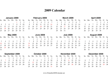 2009 Calendar on one page (horizontal, holidays in red) Calendar