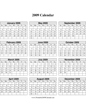 2009 Calendar on one page (descending, vertical grid) Calendar