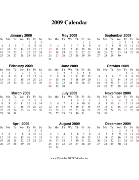 2009 Calendar on one page (descending, vertical, holidays in red) Calendar