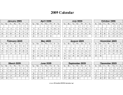 2009 Calendar on one page (descending, horizontal grid) calendar