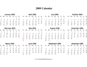 2009 Calendar on one page (descending, horizontal, holidays in red) calendar