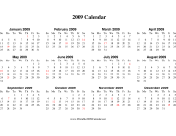 2009 Calendar on one page (horizontal, holidays in red) calendar