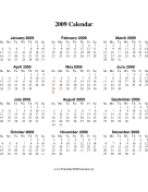 2009 Calendar on one page (vertical, holidays in red) calendar