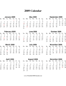 2009 Calendar on one page (descending, vertical, holidays in red) calendar